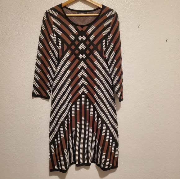 Nine West Long Sleeve Aztec Stretch Knit Sheath Woven Cotton Sweater Dress - Picture 6 of 8